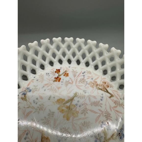 Vtg. Milk Glass Painted Floral Bowl Basket weave Lattice Fruit Compote Open Lace - Picture 12 of 13